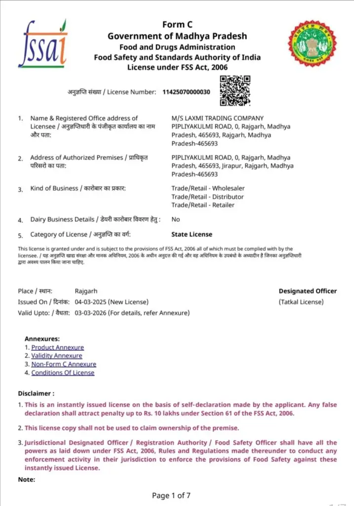 FSSAI Certification – Laxmi Trading Company Indian Spices Exporter
